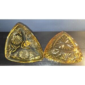Vintage Hazel Atlas Glass Dish Gold Stars Amber Triangle Covered Candy Dish 1940